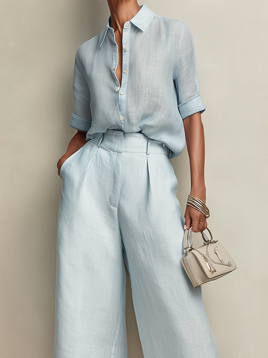 Slub Linen Blouse & Cropped Wide-Leg Pants Set