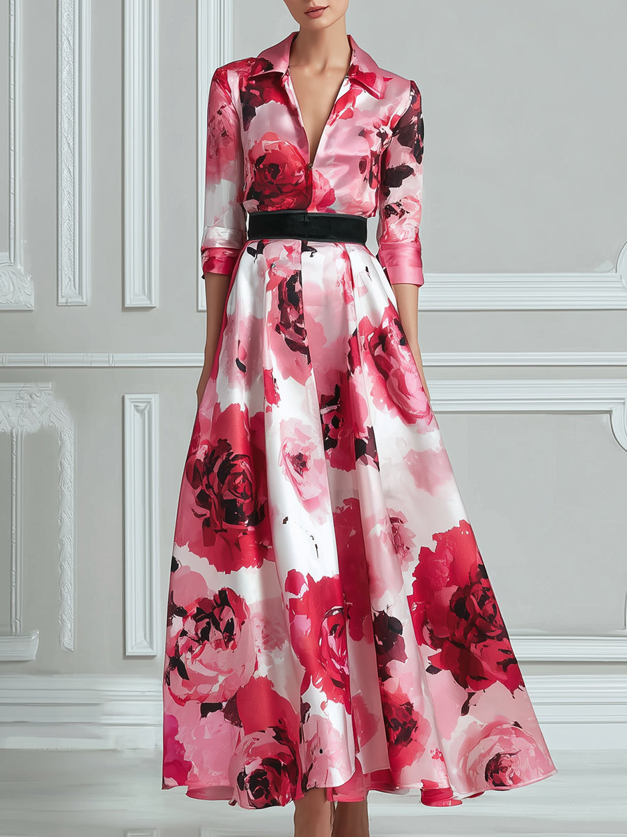 Floral Print Belted A-Line Midi Dress