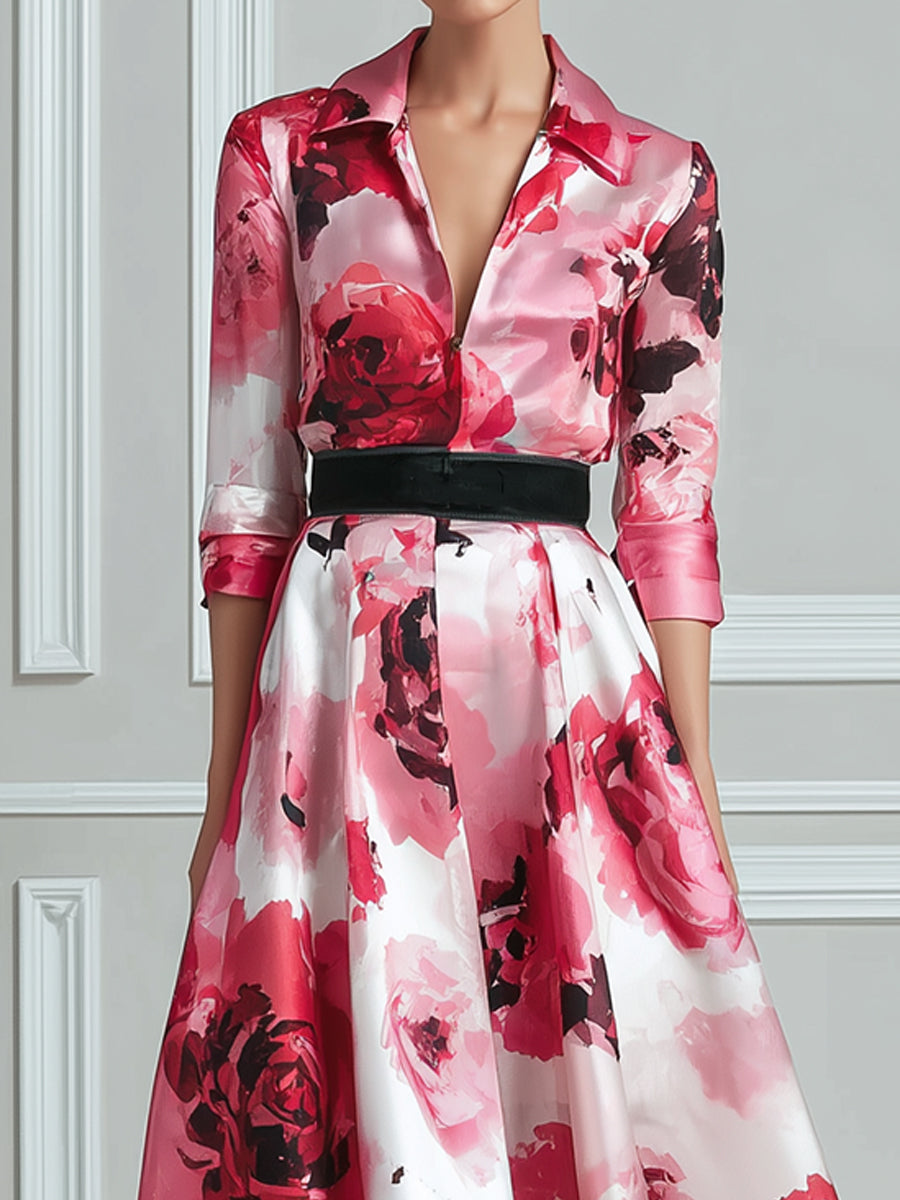 Floral Print Belted A-Line Midi Dress