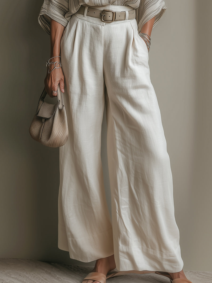 Off-Shoulder Striped Blouse & High-Waisted Pants Set (Includes Belt)