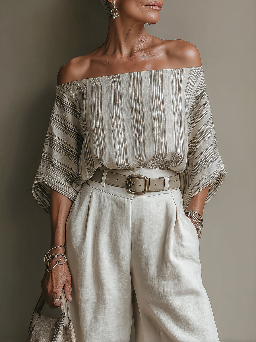 Off-Shoulder Striped Blouse & High-Waisted Pants Set (Includes Belt)