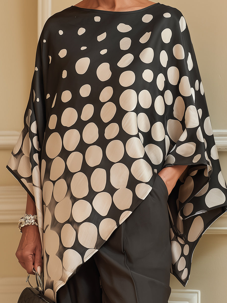 Batwing-Sleeve Polka-Dot Blouse With Asymmetrical Hem
