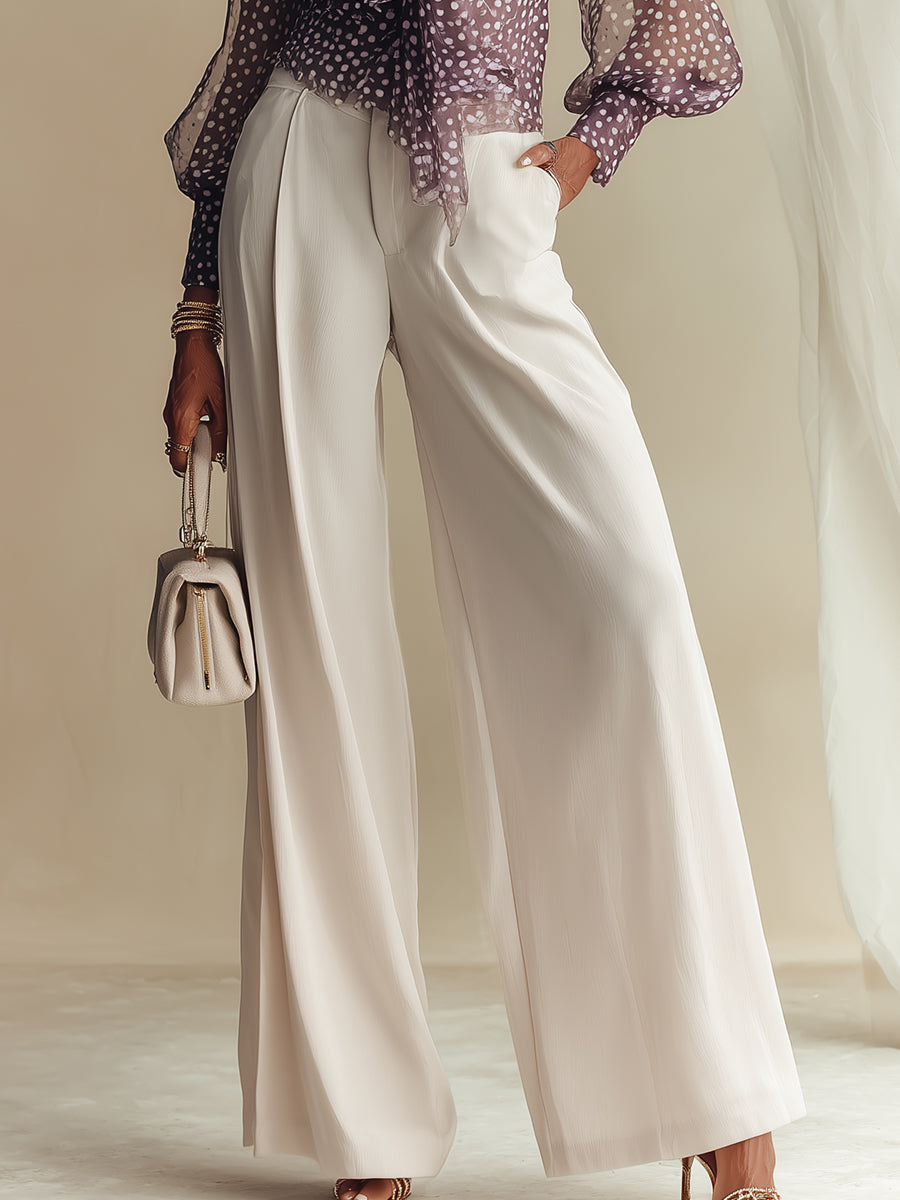 Polka-Dot Chiffon Blouse With Center-Front Knot & Pants Set