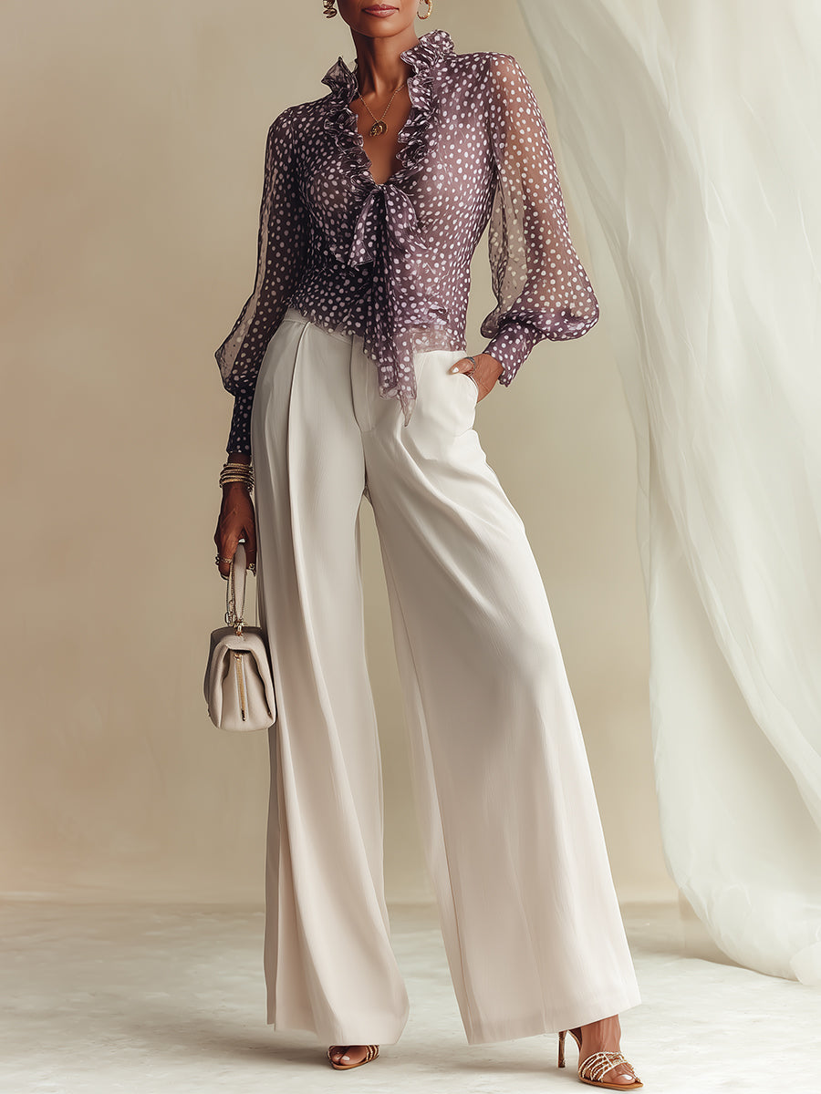 Polka-Dot Chiffon Blouse With Center-Front Knot & Pants Set