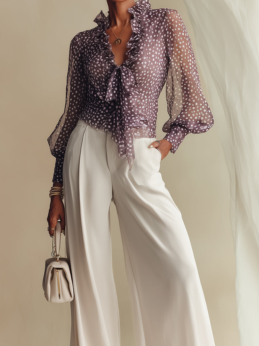 Polka-Dot Chiffon Blouse With Center-Front Knot & Pants Set