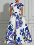 Elegant Iris Floral A-Line Midi Dress