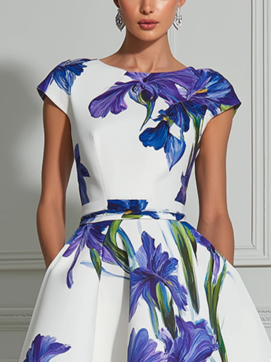 Elegant Iris Floral A-Line Midi Dress