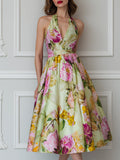 Halter Neck Floral Print A-Line Midi Dress