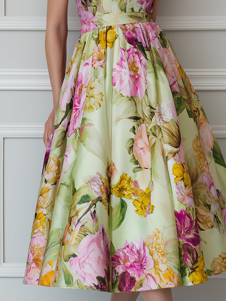 Halter Neck Floral Print A-Line Midi Dress
