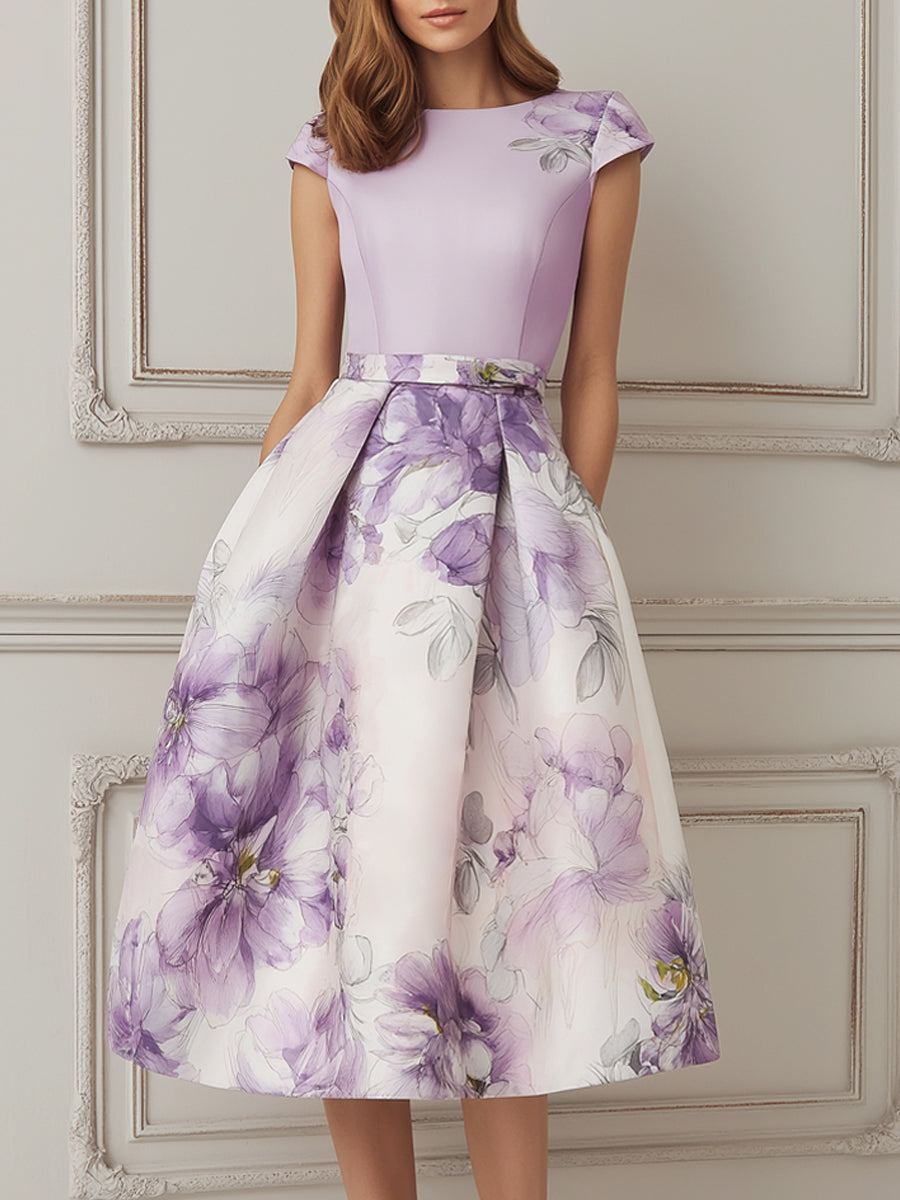 Lavender Purple Floral Print A-Line Midi Dress