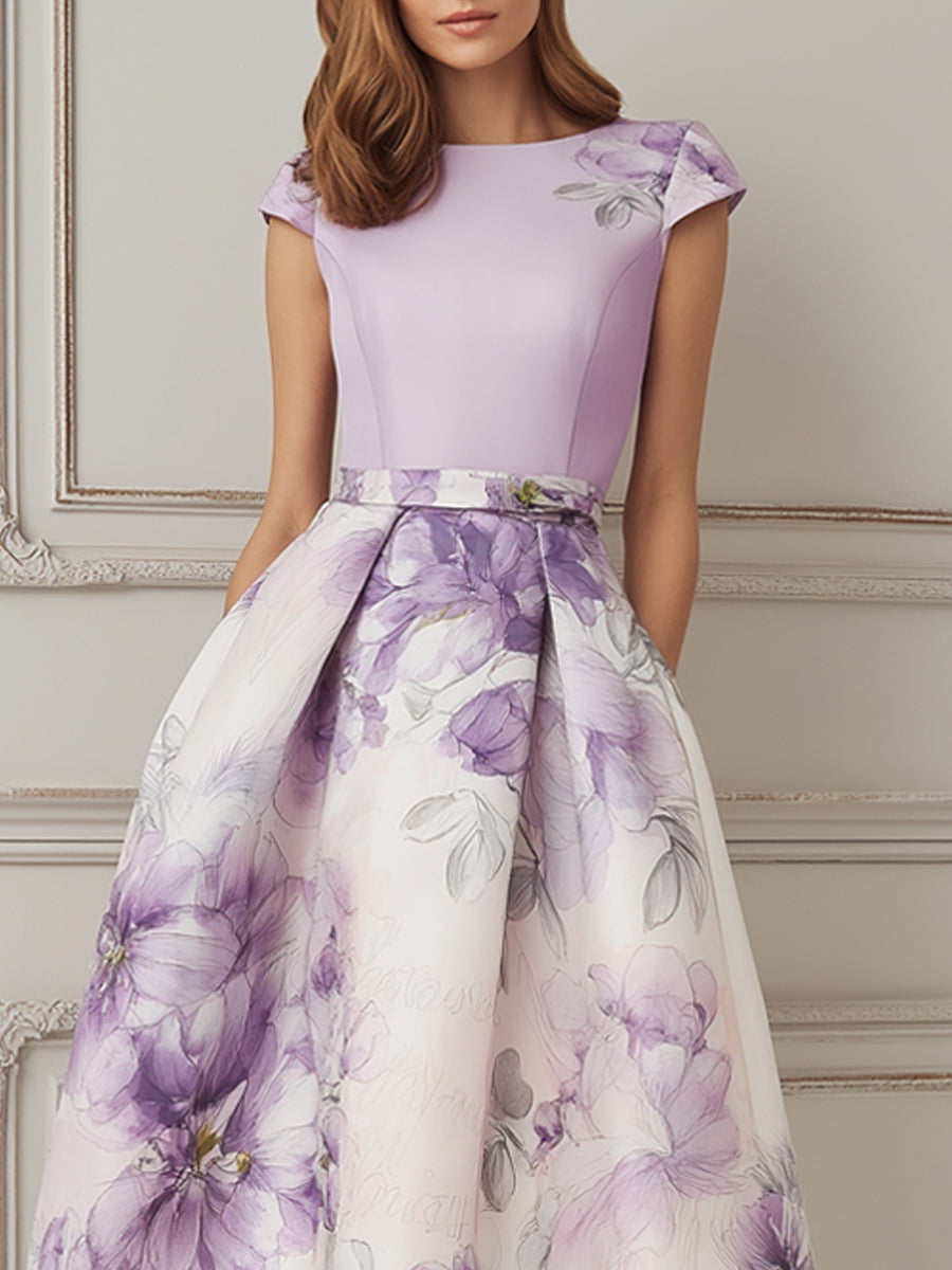 Lavender Purple Floral Print A-Line Midi Dress