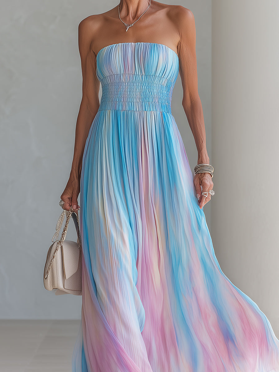 Strapless Ombré Pleated Chiffon Maxi Dress