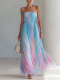 Strapless Ombré Pleated Chiffon Maxi Dress
