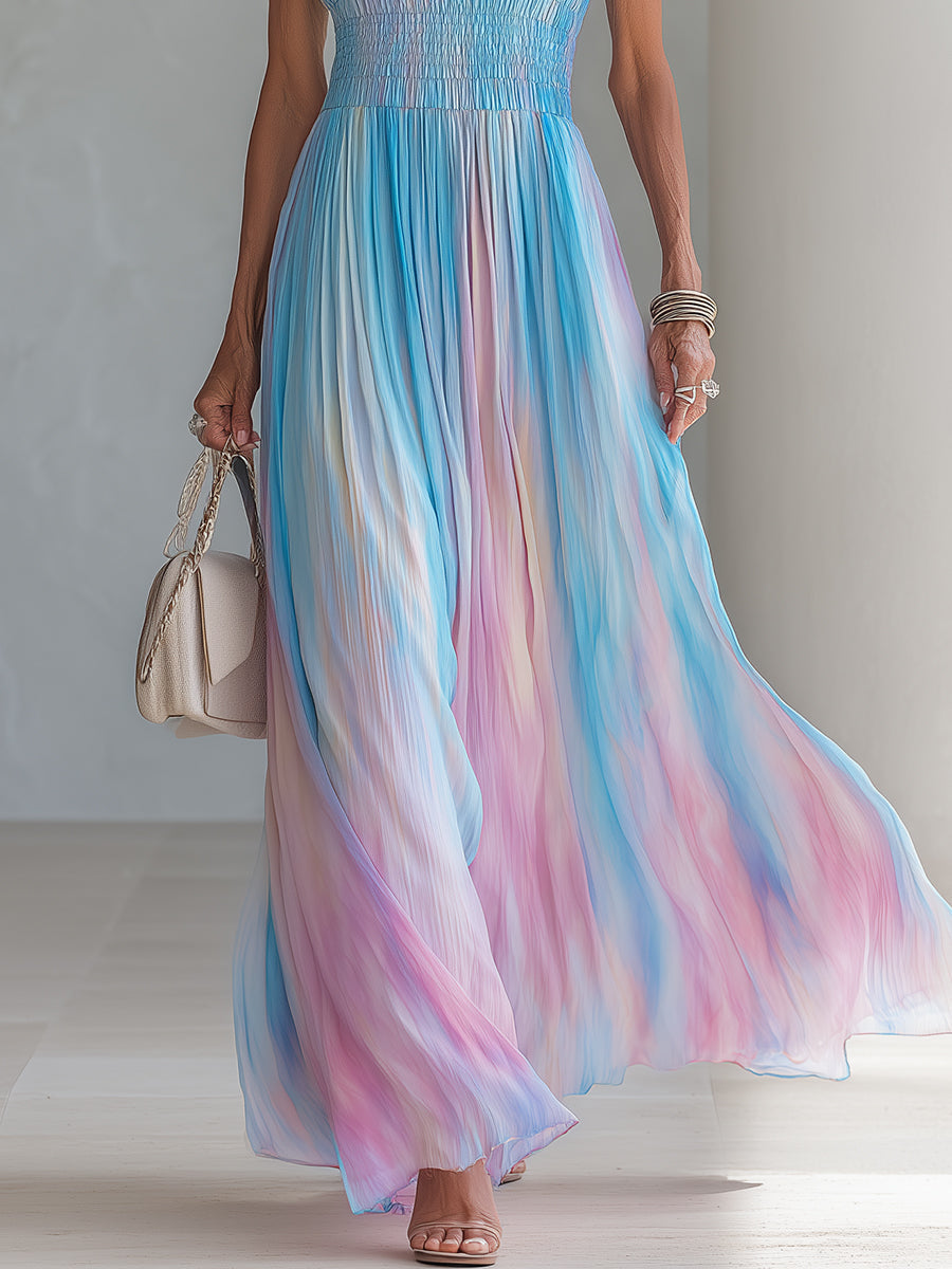 Strapless Ombré Pleated Chiffon Maxi Dress