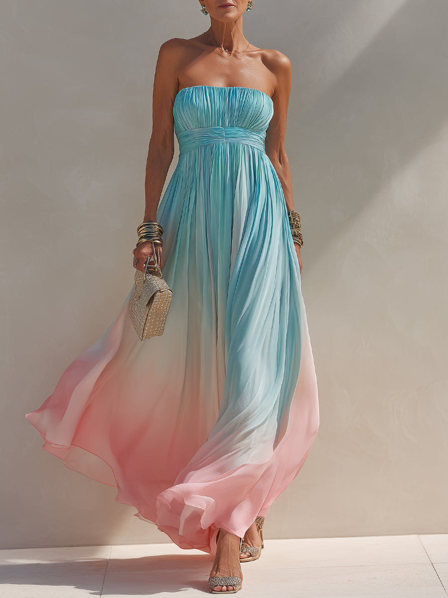 Vacation-Style Strapless Pleated Chiffon Ombré Maxi Dress