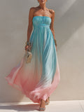 Vacation-Style Strapless Pleated Chiffon Ombré Maxi Dress