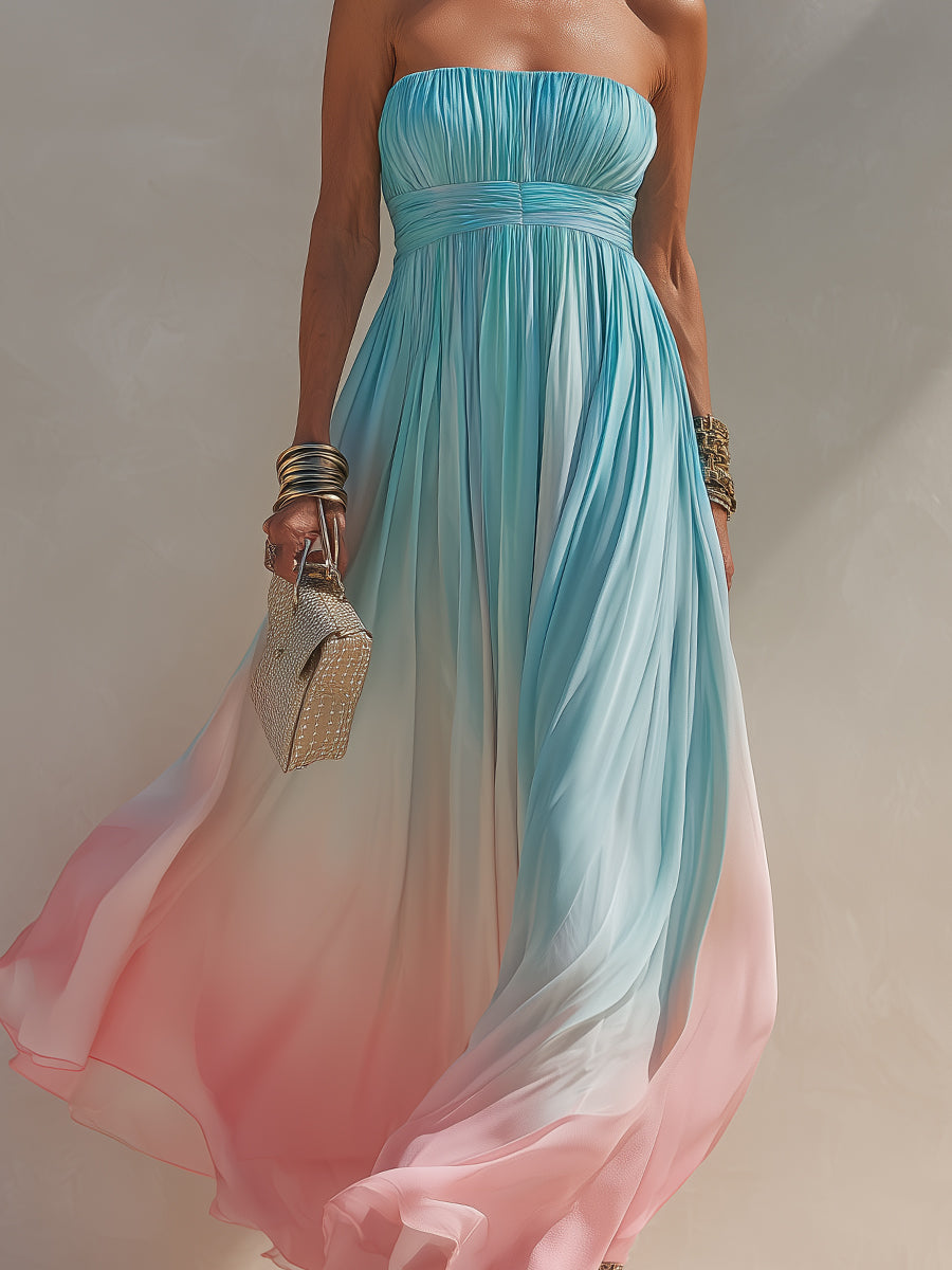 Vacation-Style Strapless Pleated Chiffon Ombré Maxi Dress