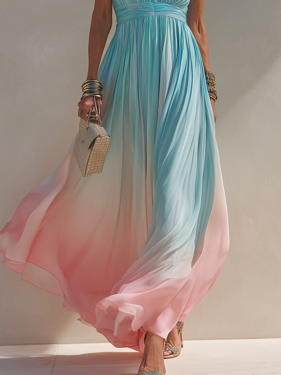Vacation-Style Strapless Pleated Chiffon Ombré Maxi Dress