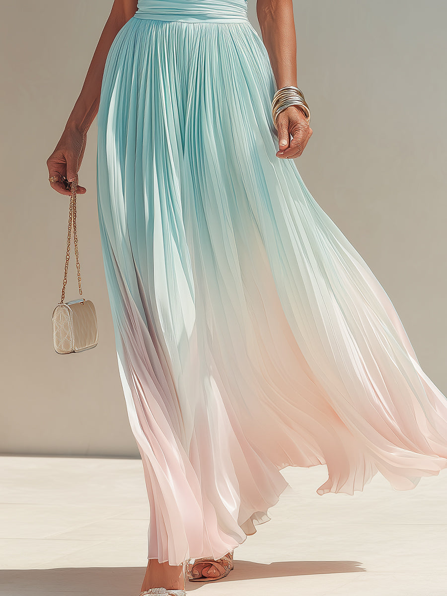 Stylish Ombré Pleated Chiffon Maxi Dress