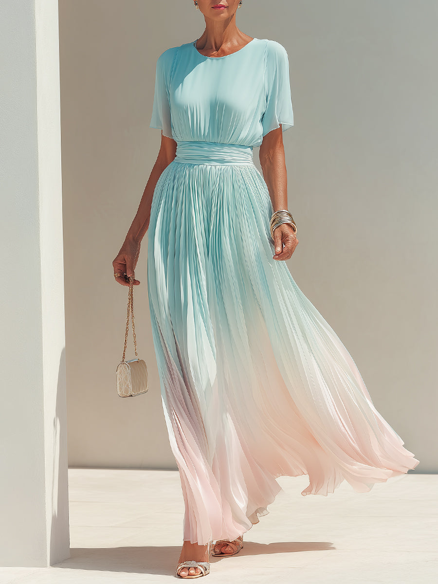 Stylish Ombré Pleated Chiffon Maxi Dress