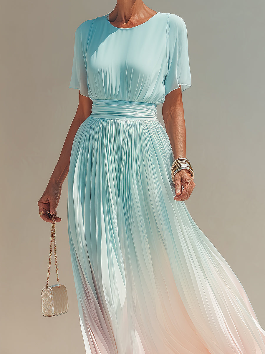 Stylish Ombré Pleated Chiffon Maxi Dress