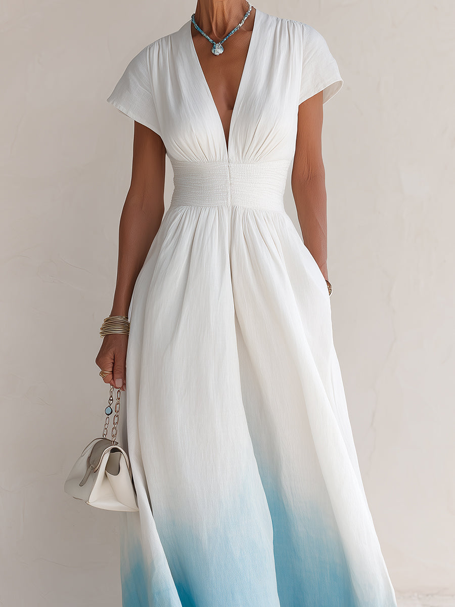 Casual Shirred Ombré Cotton Maxi Dress