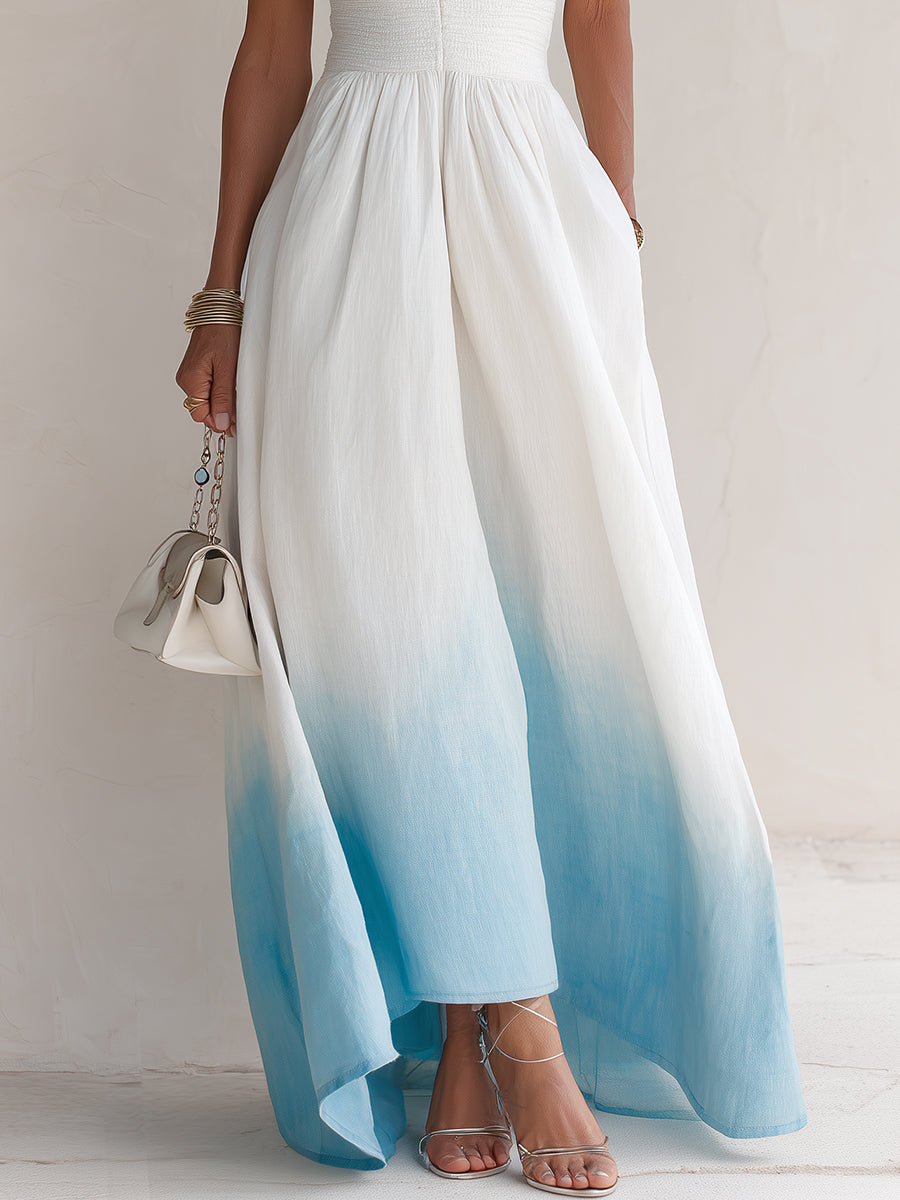Casual Shirred Ombré Cotton Maxi Dress