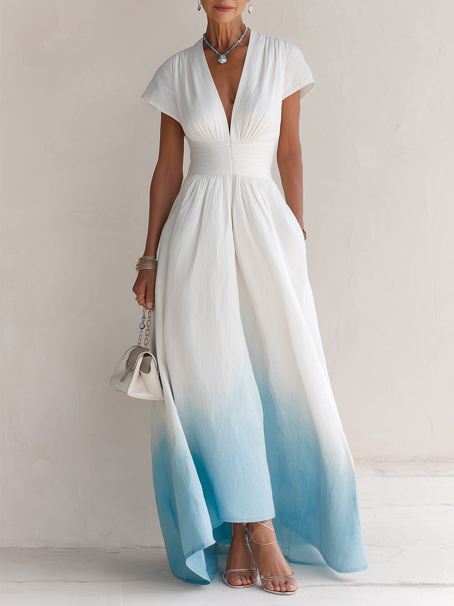 Casual Shirred Ombré Cotton Maxi Dress