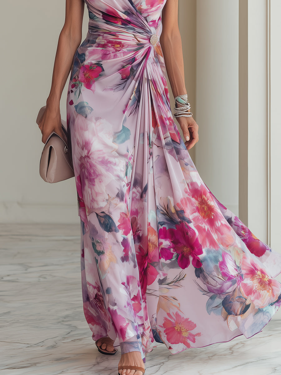 Elegant Crossover V-Neck Printed Maxi Dress