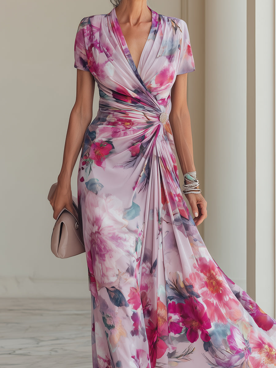 Elegant Crossover V-Neck Printed Maxi Dress