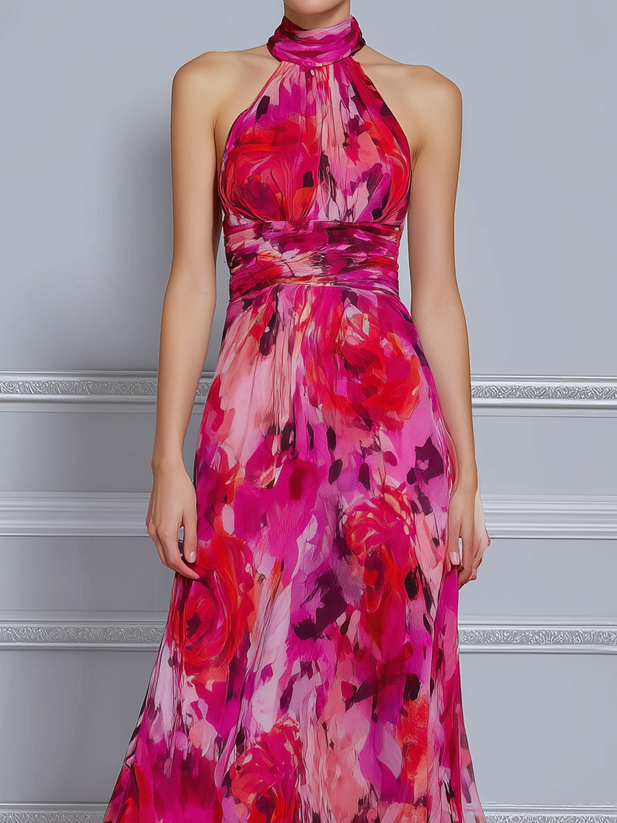 Vibrant Rose Print Halter Neck Flowy Maxi Dress