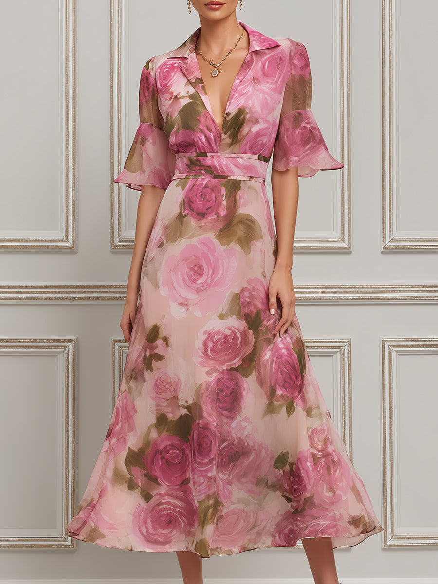 Romantic Rose Garden Chiffon Midi Dress