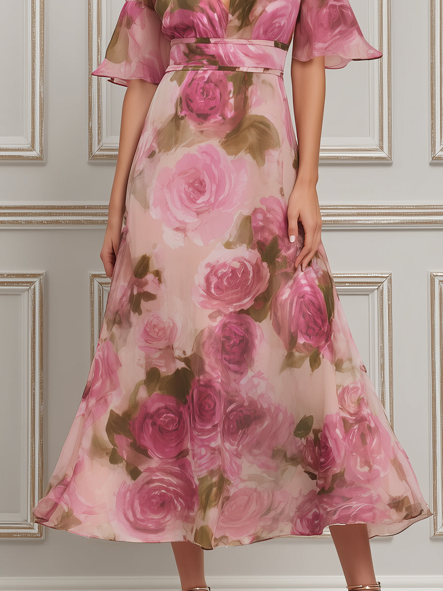 Romantic Rose Garden Chiffon Midi Dress