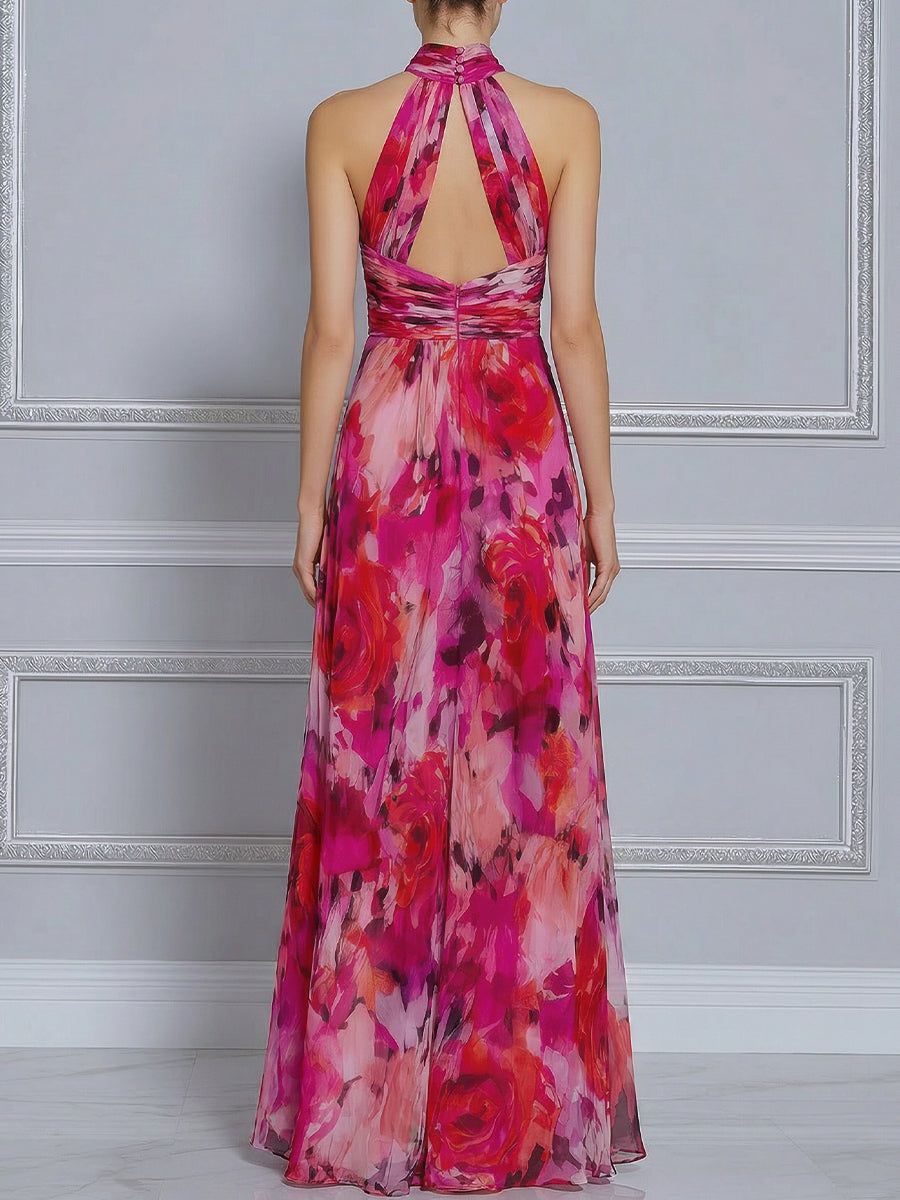 Vibrant Rose Print Halter Neck Flowy Maxi Dress