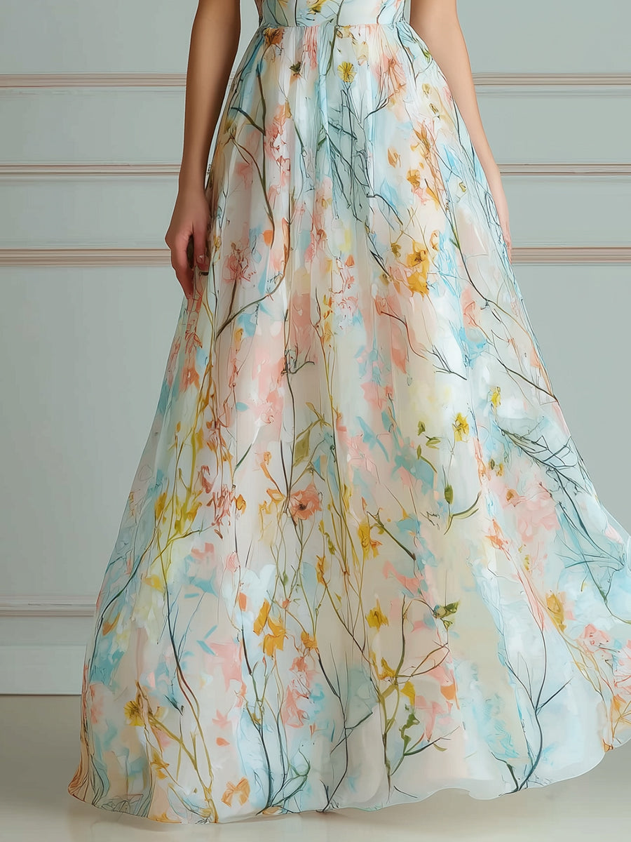 One-Shoulder Watercolor Floral A-Line Maxi Dress