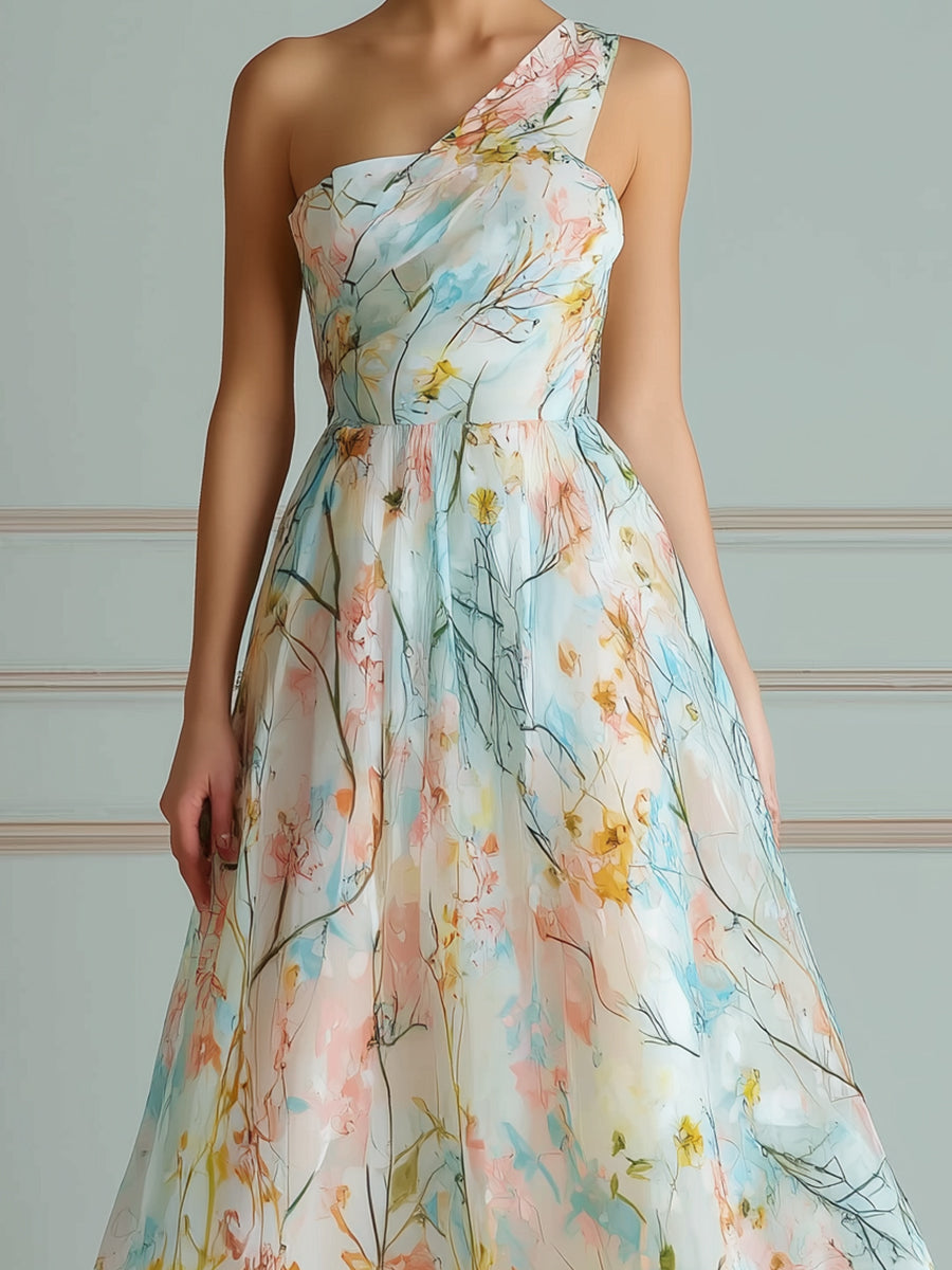 One-Shoulder Watercolor Floral A-Line Maxi Dress