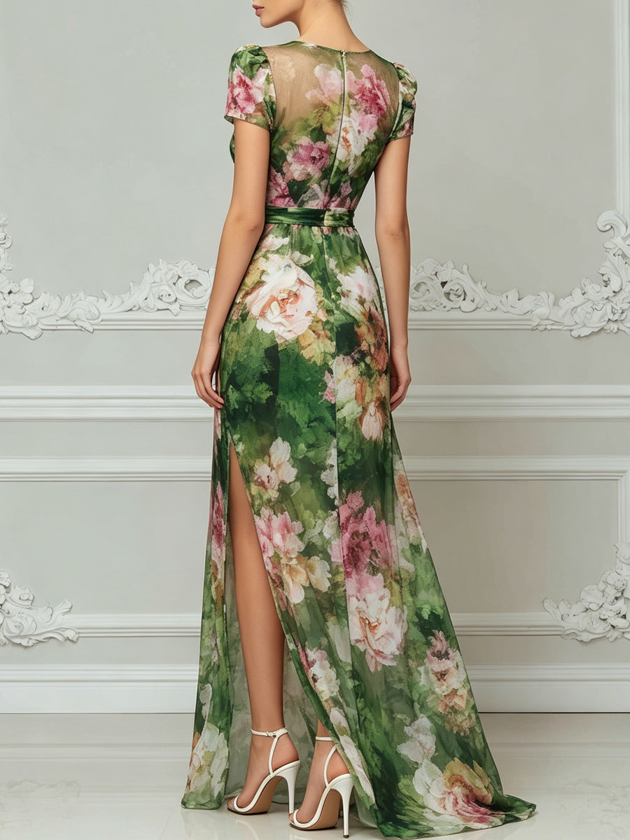 Elegant Green Floral Print Short Sleeve Chiffon Maxi Dress