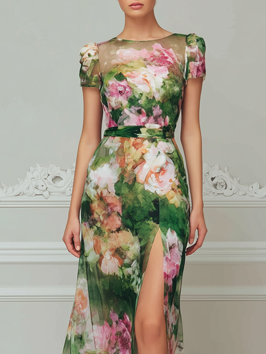 Elegant Green Floral Print Short Sleeve Chiffon Maxi Dress