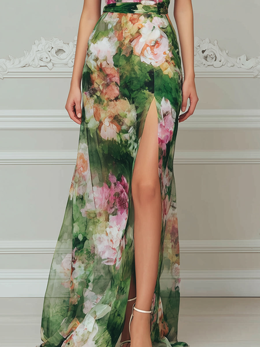 Elegant Green Floral Print Short Sleeve Chiffon Maxi Dress
