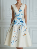 V-Neck Floral Placement A-Line Midi Dress