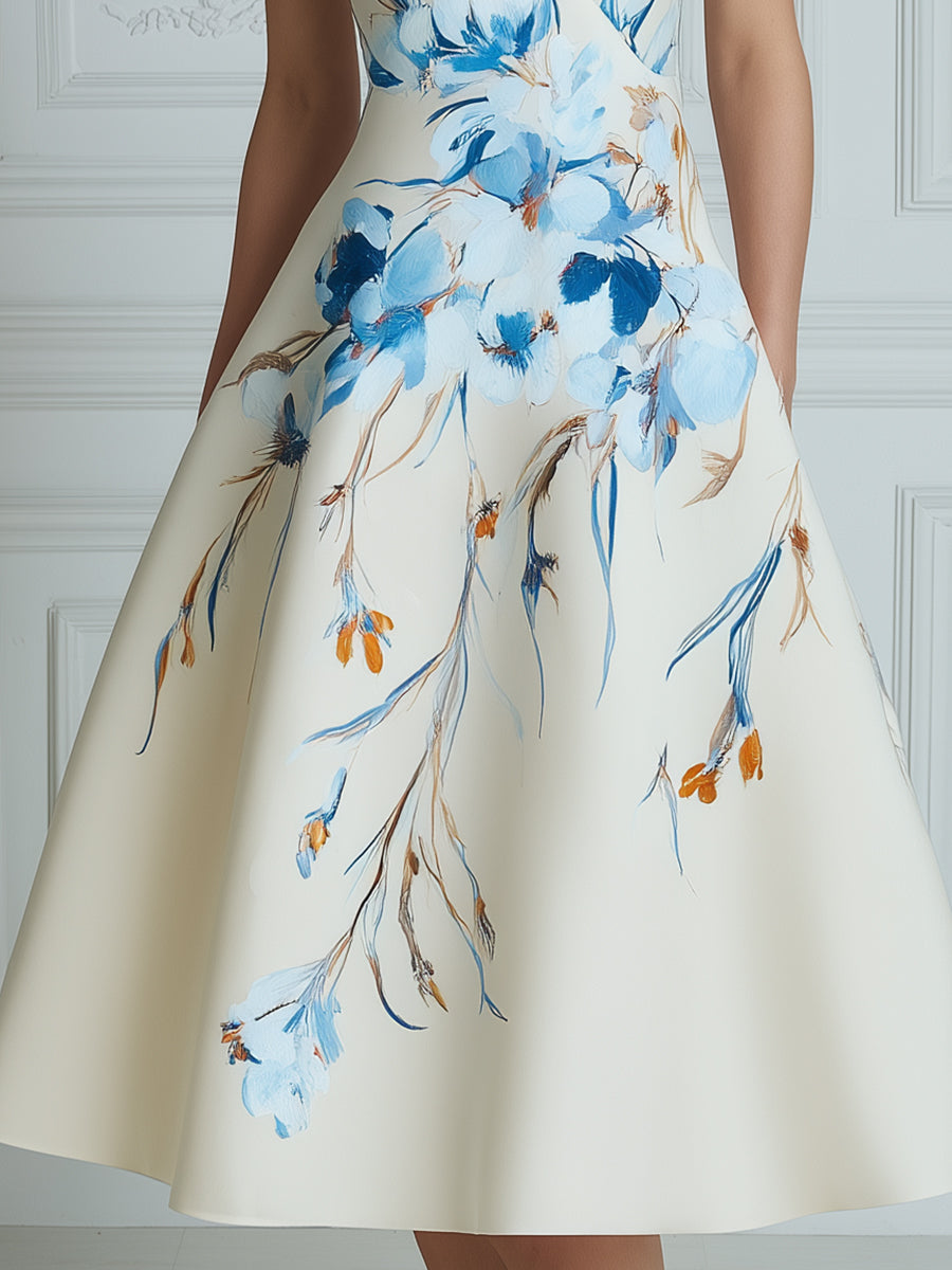 V-Neck Floral Placement A-Line Midi Dress