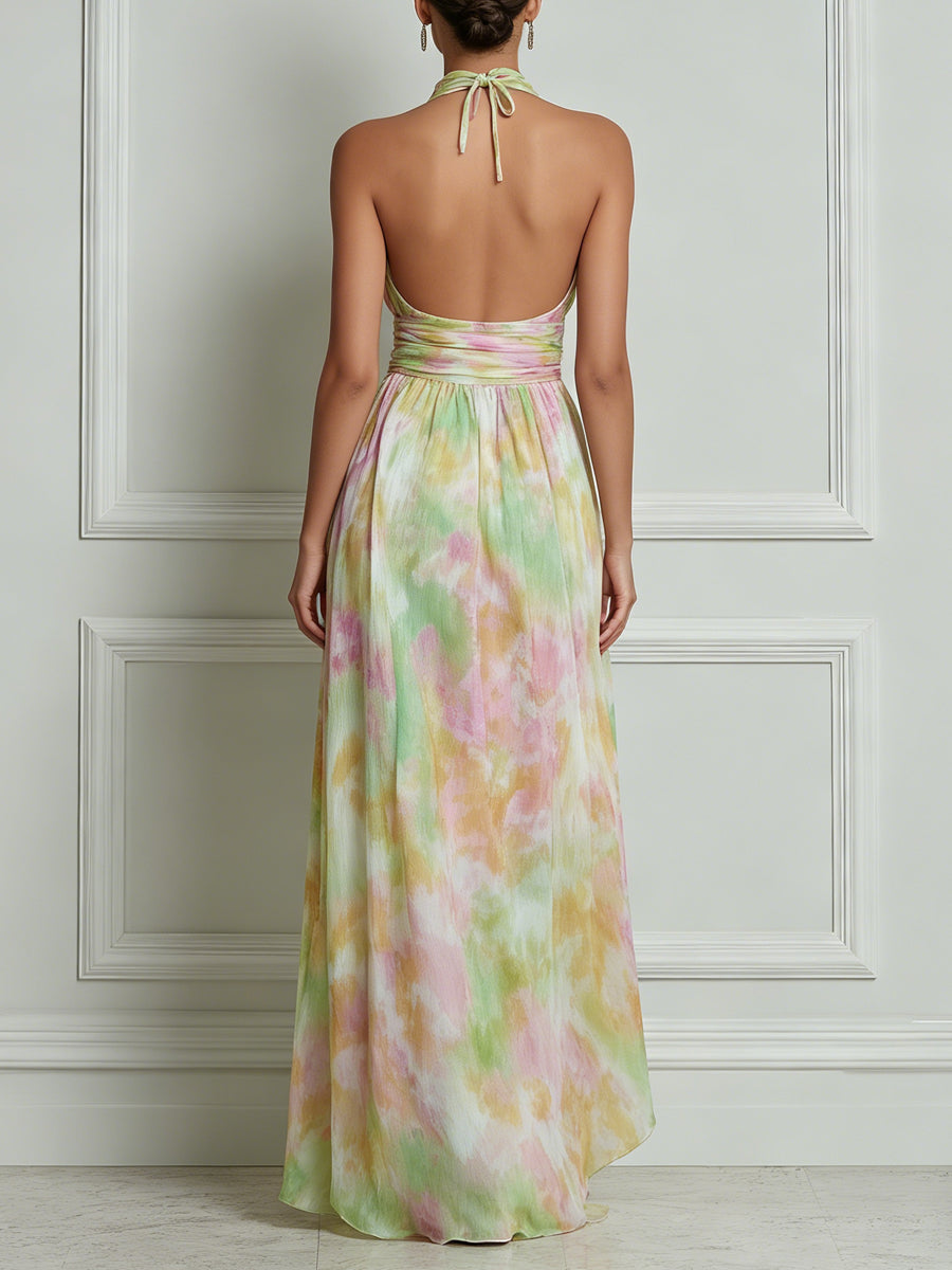 Watercolor Print Halter Neck Chiffon Maxi Dress