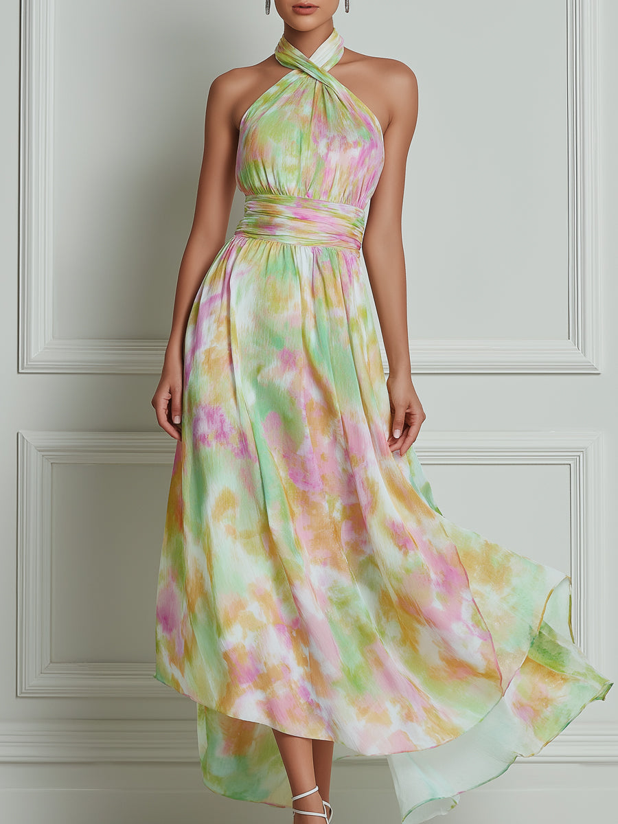 Watercolor Print Halter Neck Chiffon Maxi Dress