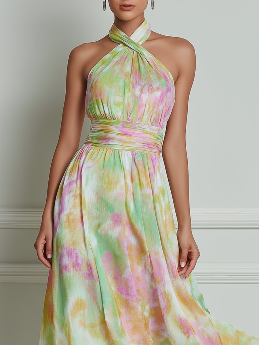 Watercolor Print Halter Neck Chiffon Maxi Dress