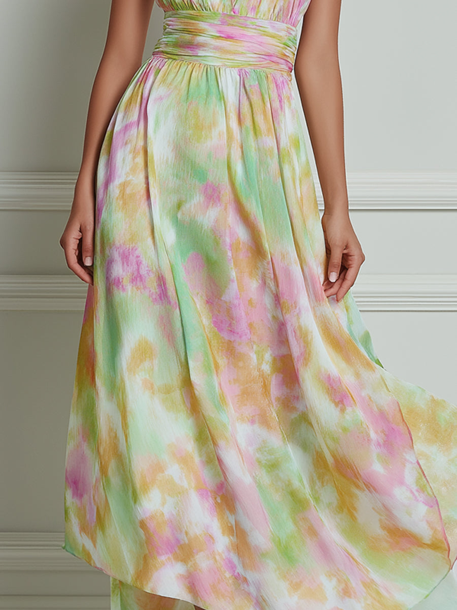 Watercolor Print Halter Neck Chiffon Maxi Dress