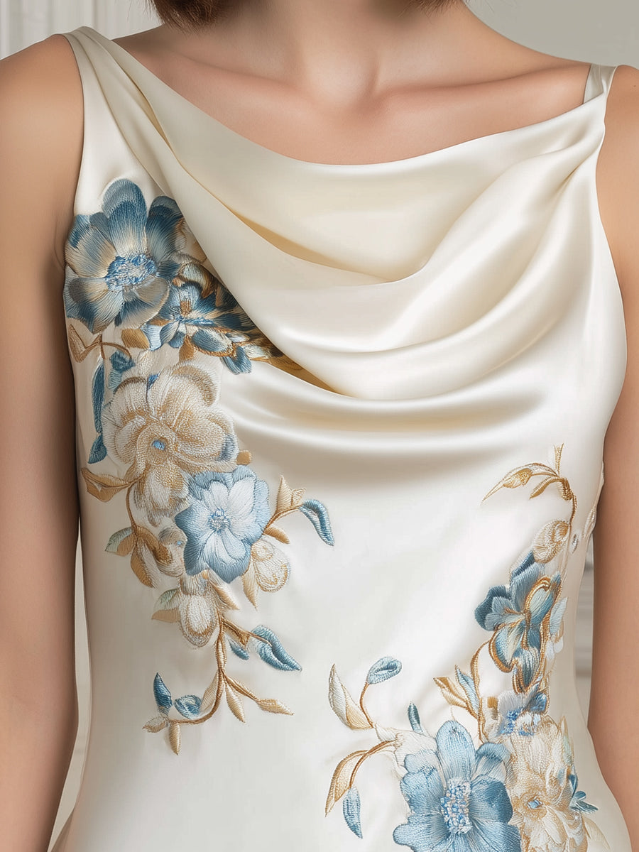 Floral Embroidered Draped Cowl Neck Sleeveless Top