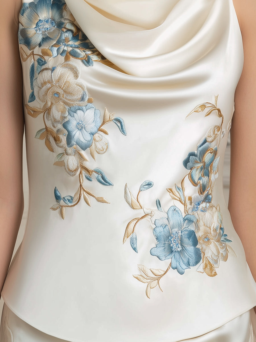 Floral Embroidered Draped Cowl Neck Sleeveless Top