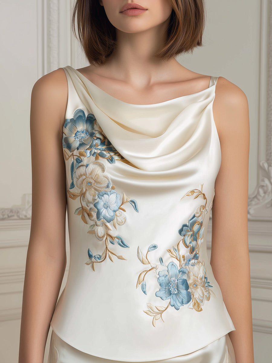 Floral Embroidered Draped Cowl Neck Sleeveless Top