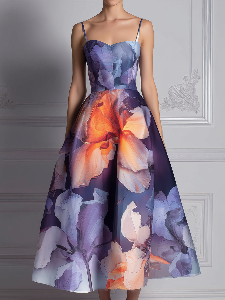 Spaghetti Strap Abstract Floral Structured A-Line Midi Dress