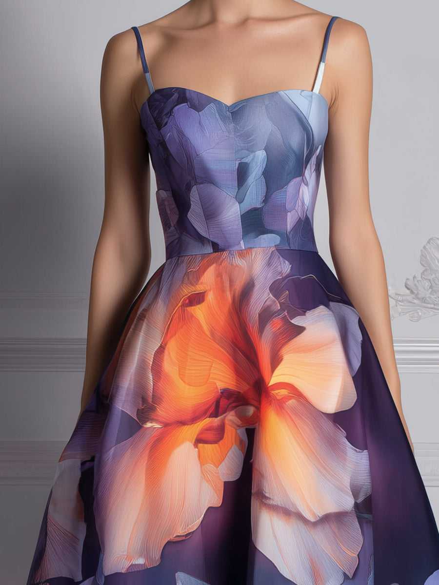 Spaghetti Strap Abstract Floral Structured A-Line Midi Dress